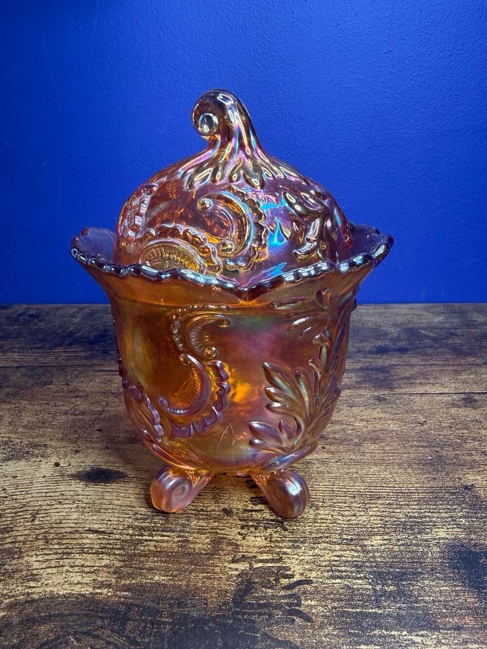 Imperial Glass Carnival Marigold Louis XIV Footed Candy Jar and Lid